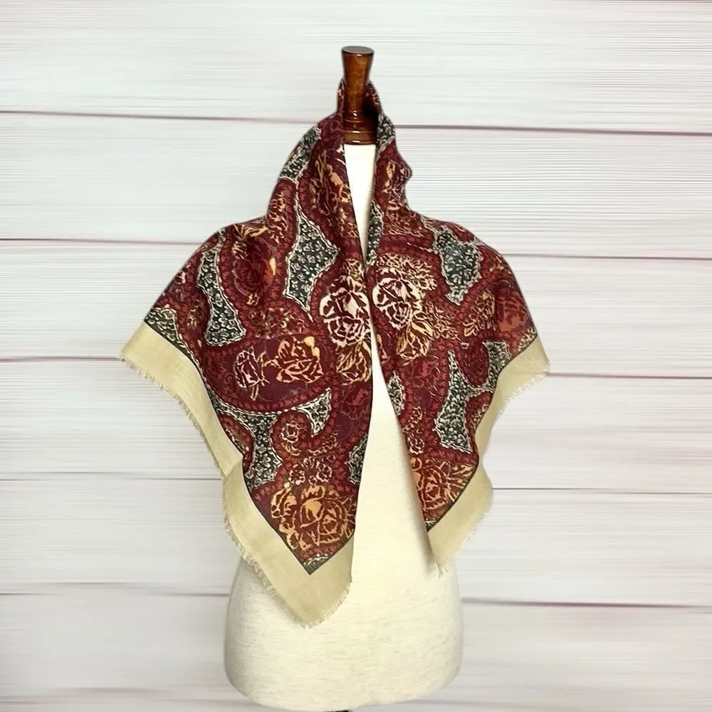 Wool Square Scarf Lightweight Tan Brown Plum Paisley Print Made in Italy 33x33”